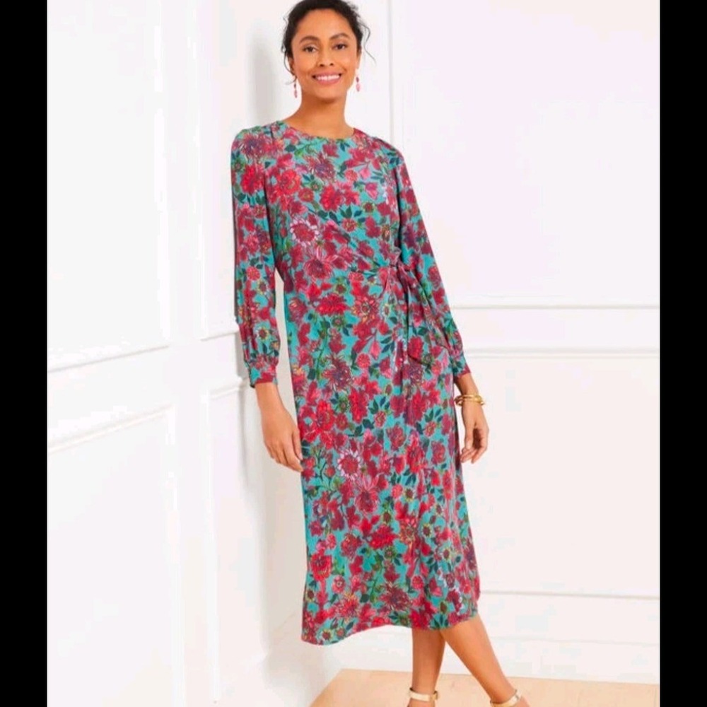 NWT TALBOTS Floral Side Tie Faux Wrap Dress Midi Lenzing Ecovero Viscose Size 14